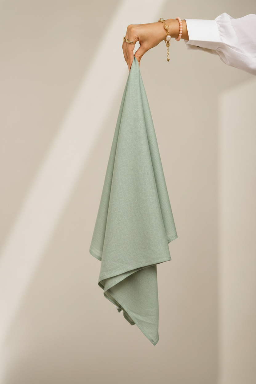 Sage Green Lawn Hijab - hand holding fabric