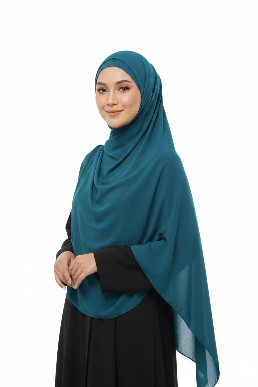 Radiant Teal Blue Georgette Hijab - Model Photo