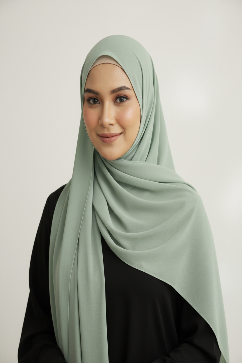 Radiant Mint Green Georgette Hijab - Model Photo