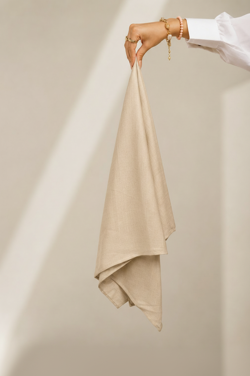 Beige Lawn Hijab - hand holding fabric