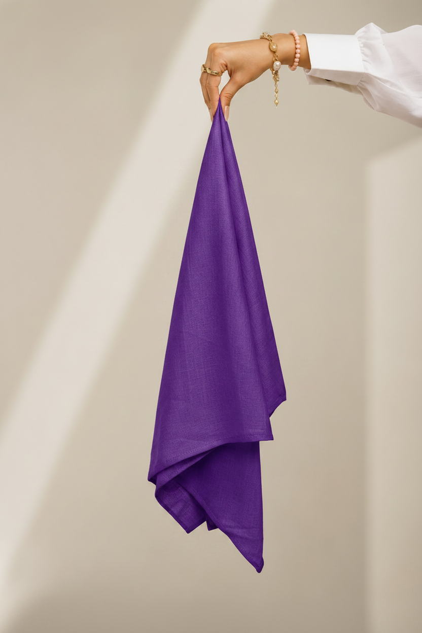 Purple Lawn Hijab - hand holding fabric