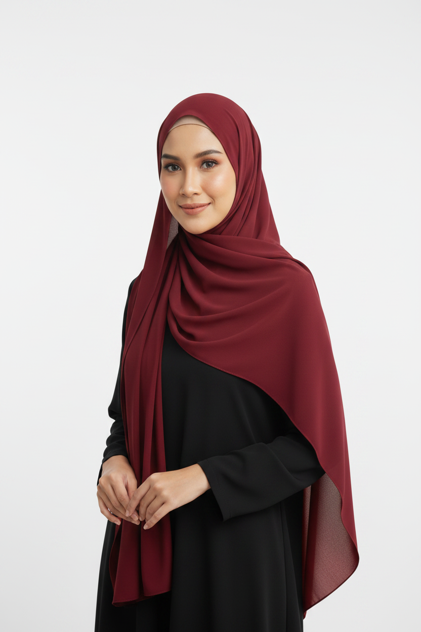 Radiant Burgundy Georgette Hijab - Model Photo