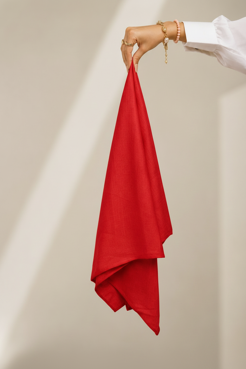 Scarlet Red Lawn Hijab - hand holding fabric