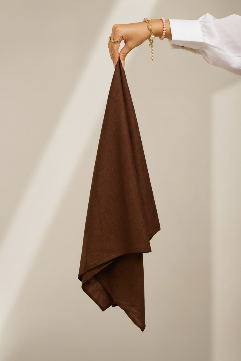 Dark Brown Lawn Hijab - hand holding fabric