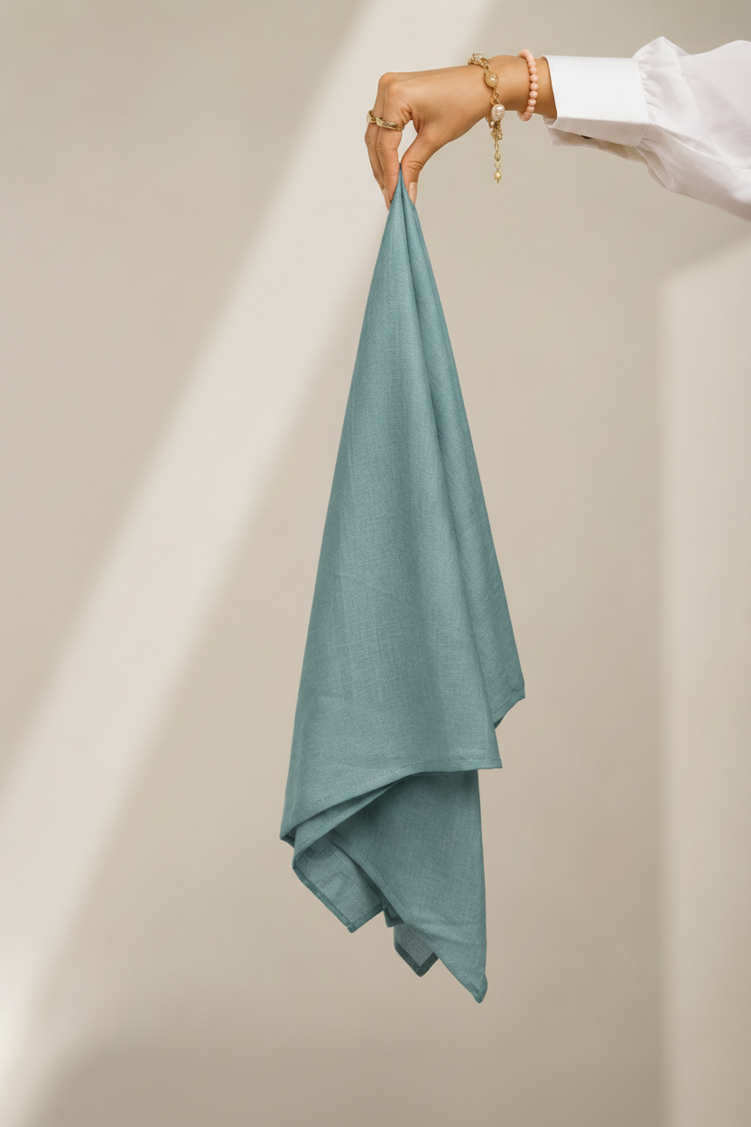 Teal Blue Lawn Hijab - hand holding fabric