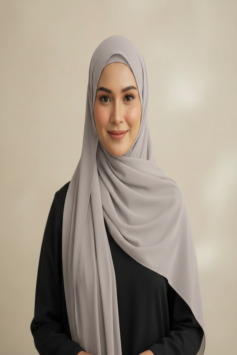 Radiant Silver Georgette Hijab - Model Photo