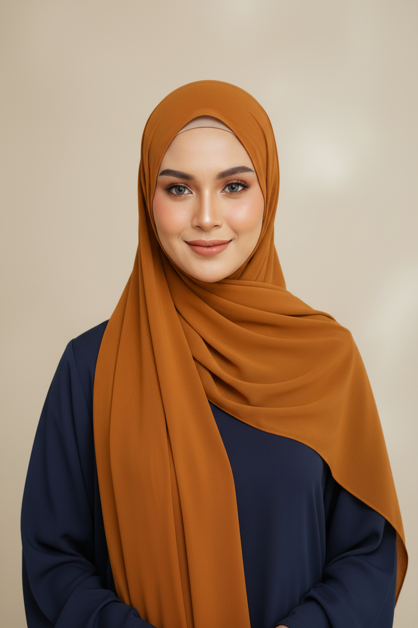 Radiant Caramel Georgette Hijab - Model Photo