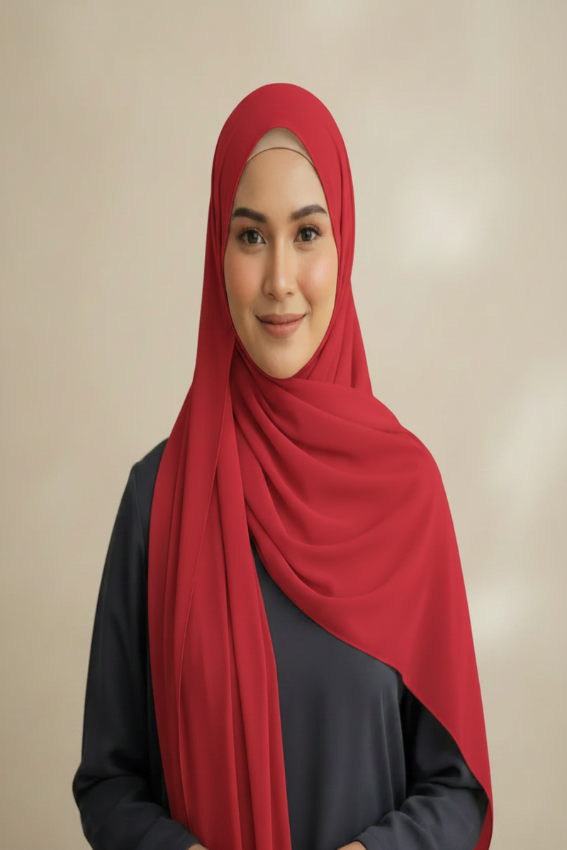 Radiant Red Georgette Hijab - Model Standing Photo
