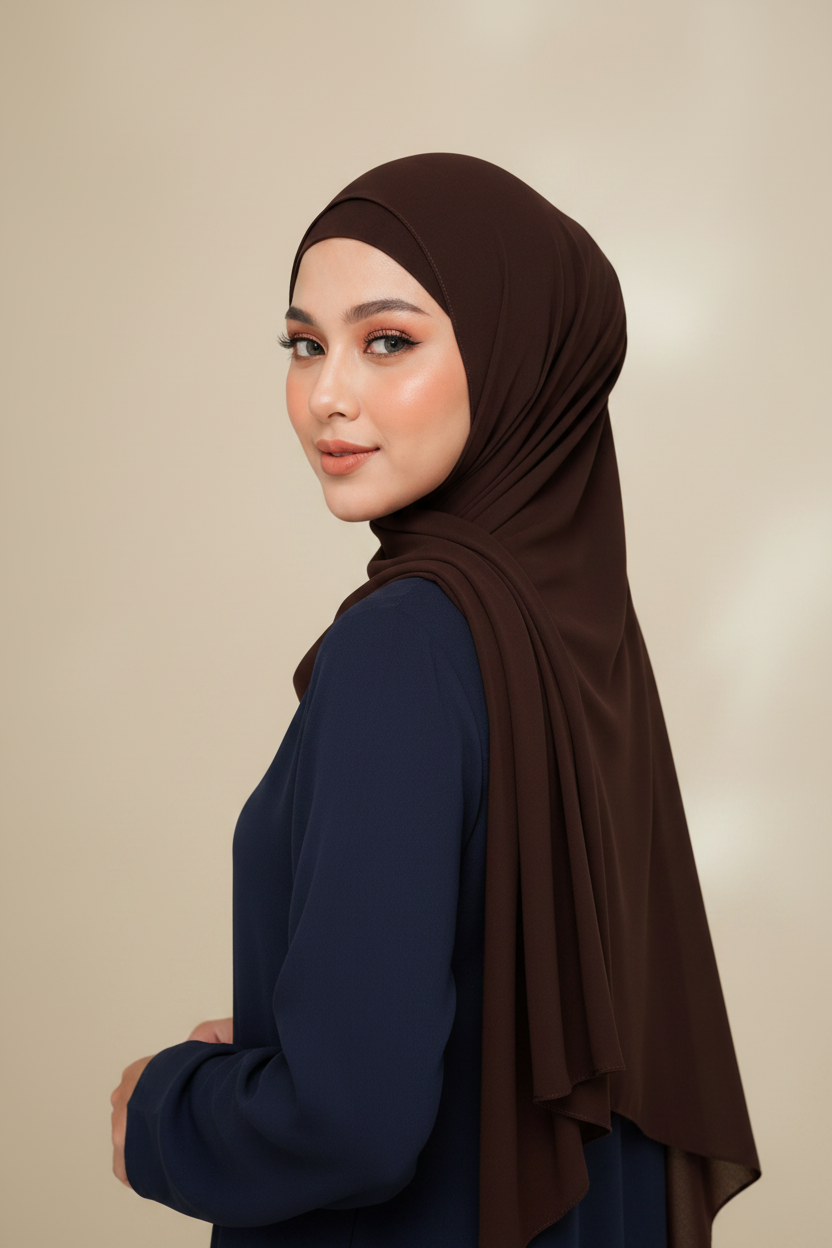 Radiant Dark Brown Georgette Hijab - Model Photo