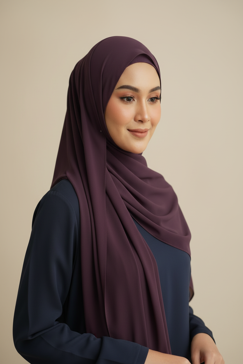 Radiant EggPlant Georgette Hijab - Model Photo