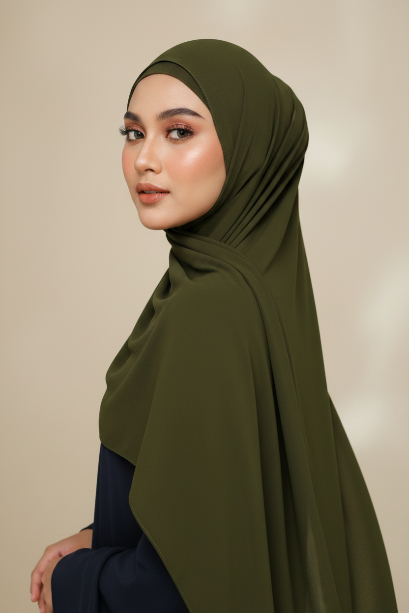 Radiant Dark Olive Georgette Hijab - Model Photo