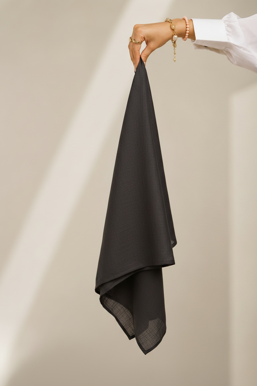 Charcoal Lawn Hijab - hand holding fabric