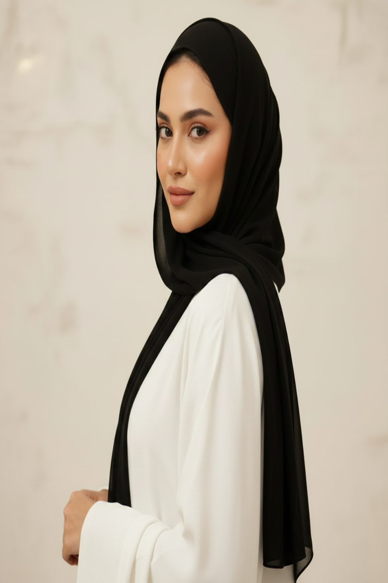 Pure Black Georgette Hijab on model