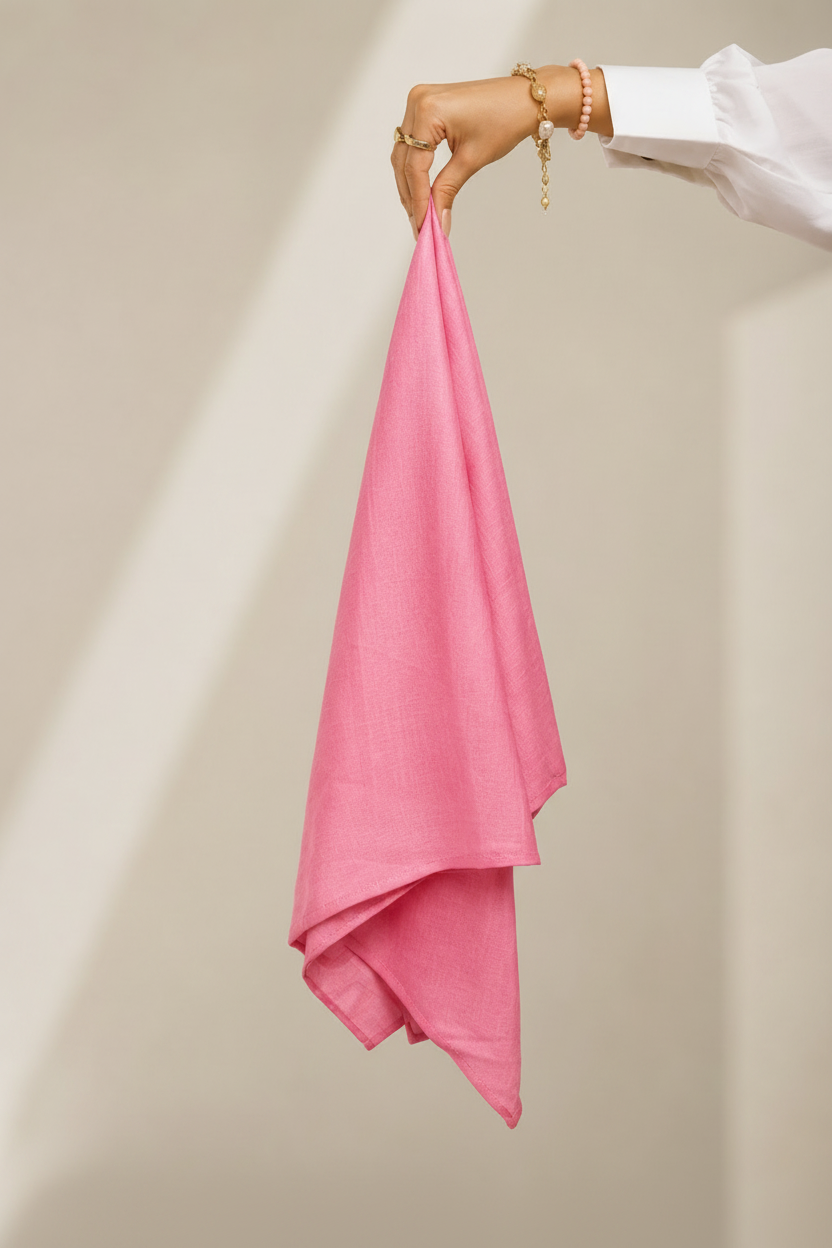 Coral Pink Lawn Hijab - hand holding fabric