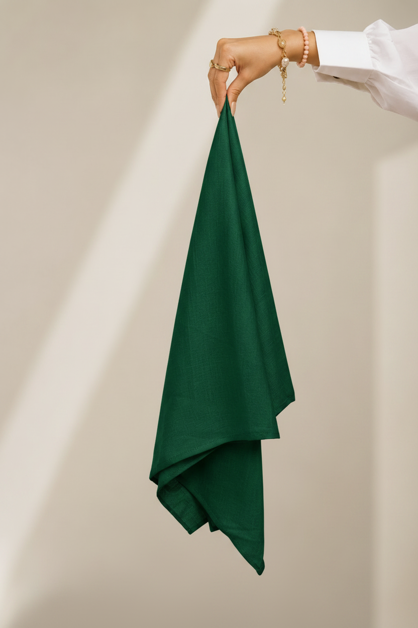Bottle Green Lawn Hijab - hand holding fabric
