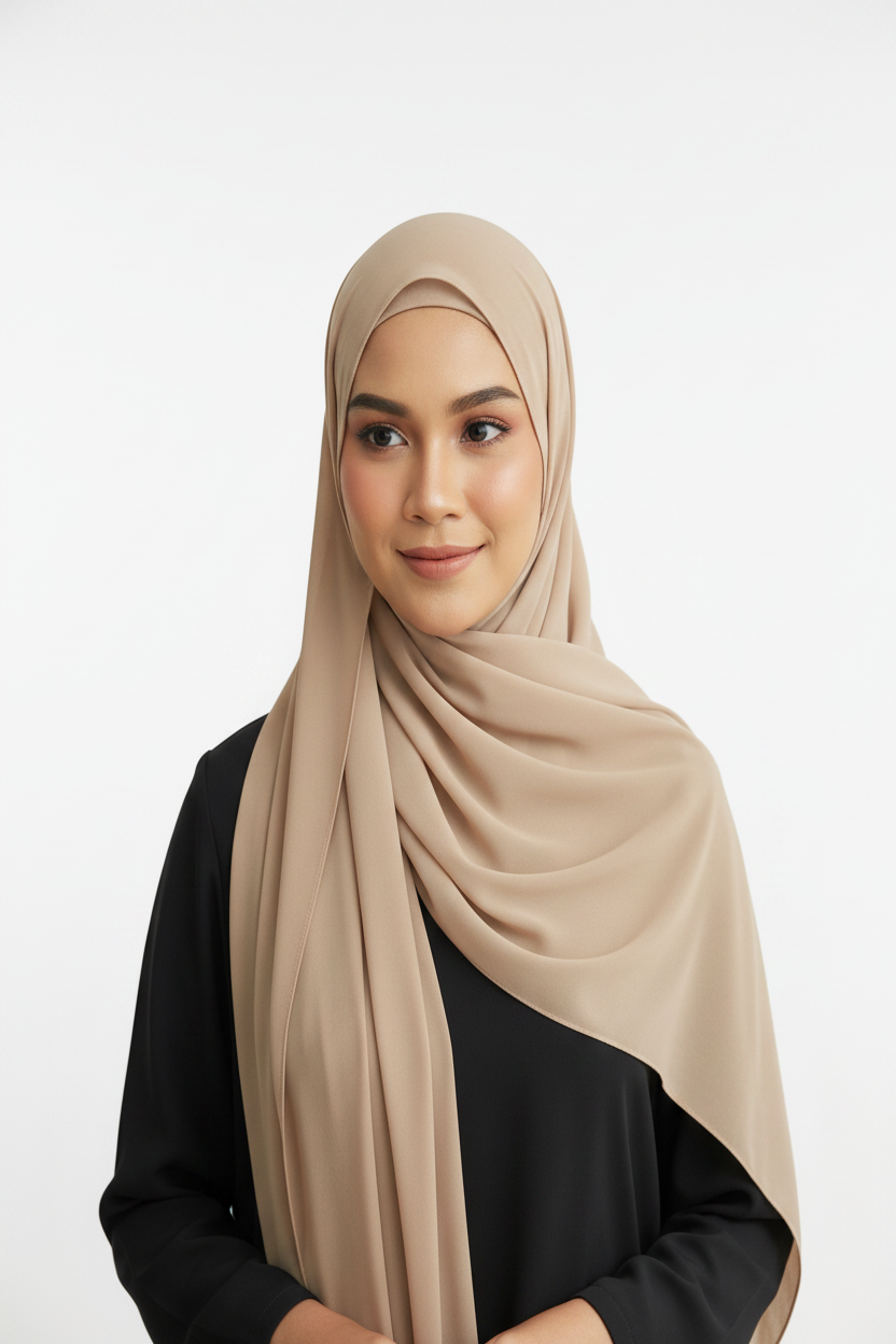 Radiant Beige Brown Georgette Hijab - Model Photo
