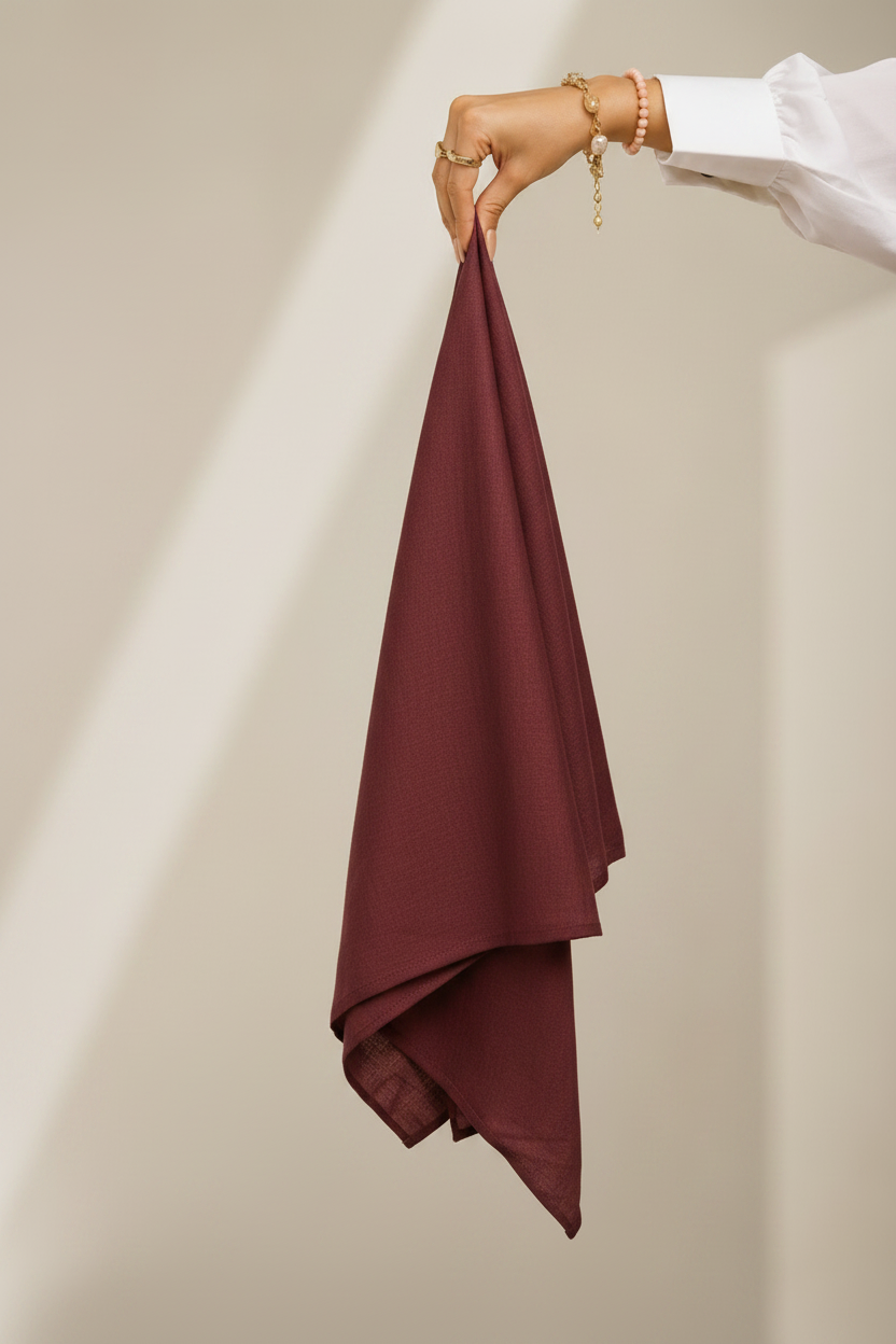 Red Plum Lawn Hijab - hand holding fabric