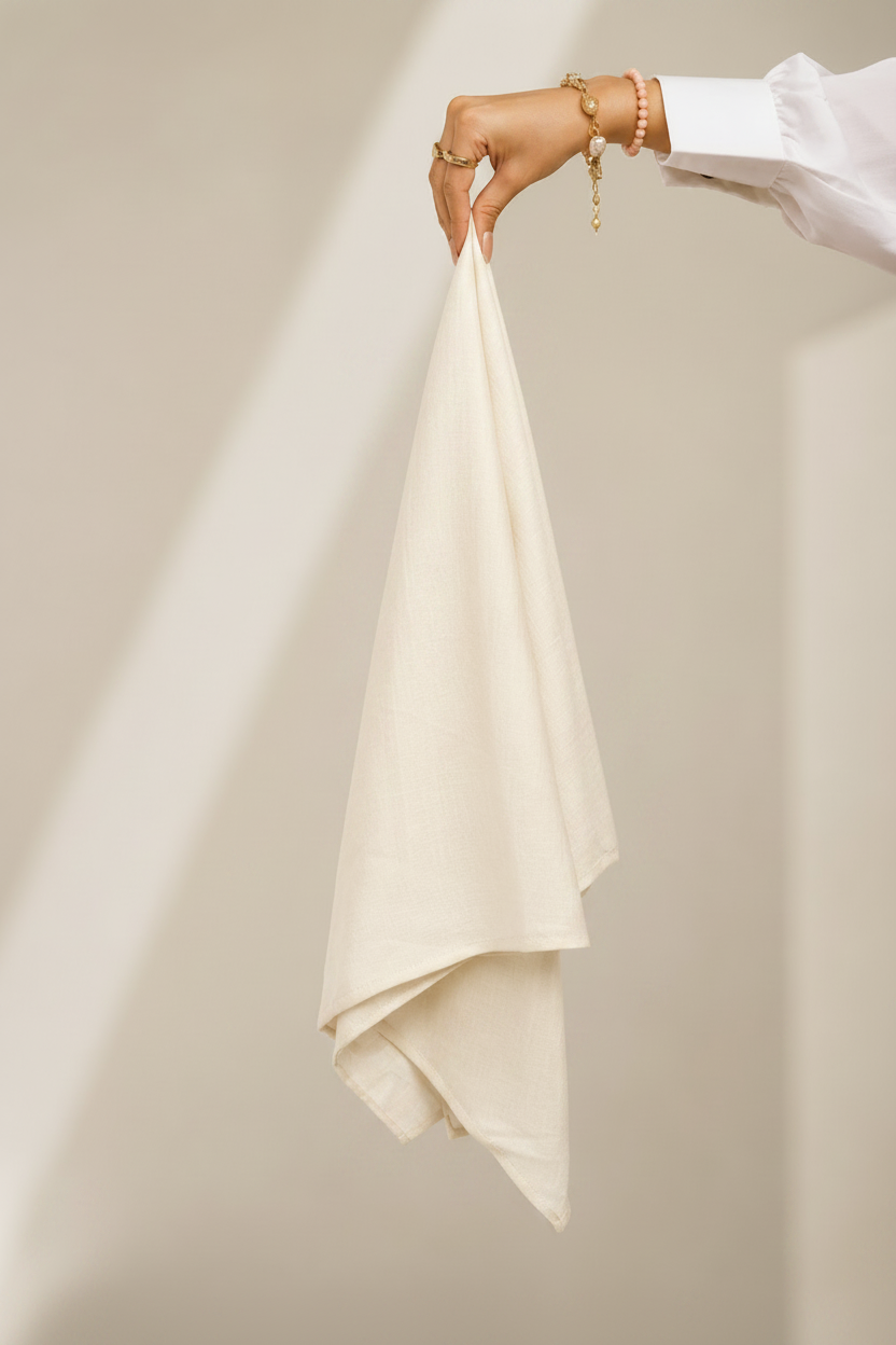Off White Lawn Hijab - hand holding fabric